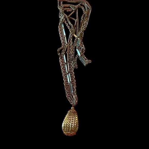 Vintage Women’s Necklace Gold Tone Triple Strand Chain Teardrop Cage 28” - Picture 1 of 2